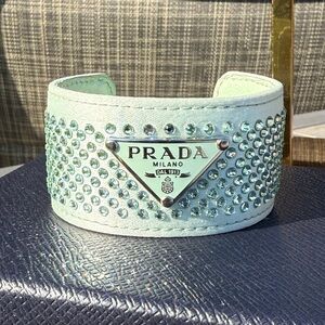 EUC! Prada Crystal-Embellished Leather Mint Aqua Cuff Bracelet